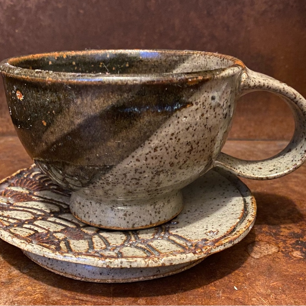 Handmade Speckled Ceramic Cup & Saucer - Earthy Brown and Cream